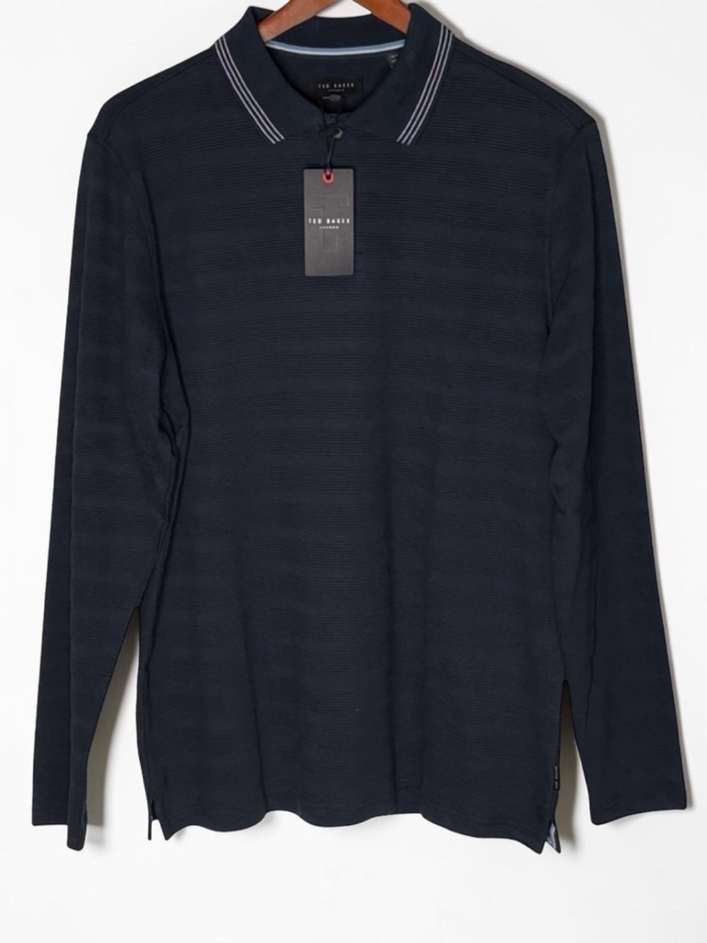 NWT Ted Baker Popcorn Stripe Long Sleeve Polo Size M Sky Captain Navy Blue